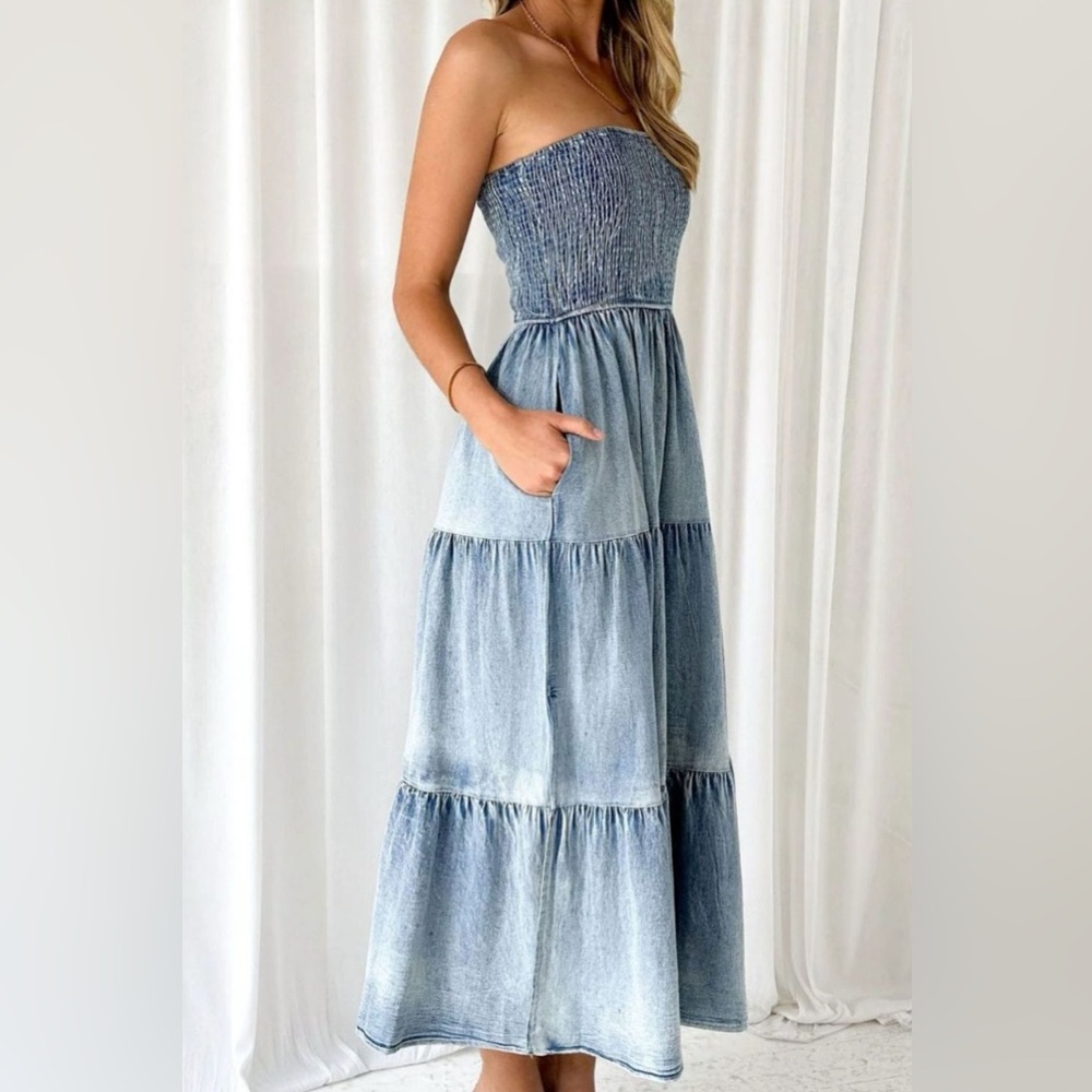RISEN Smocked Tube Slit Tiered Elegant Blue Jean Strapless Midi Dress - Picture 7 of 8